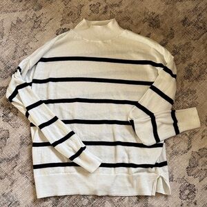 Women's Cream and Black Striped Mock Neck Sweater